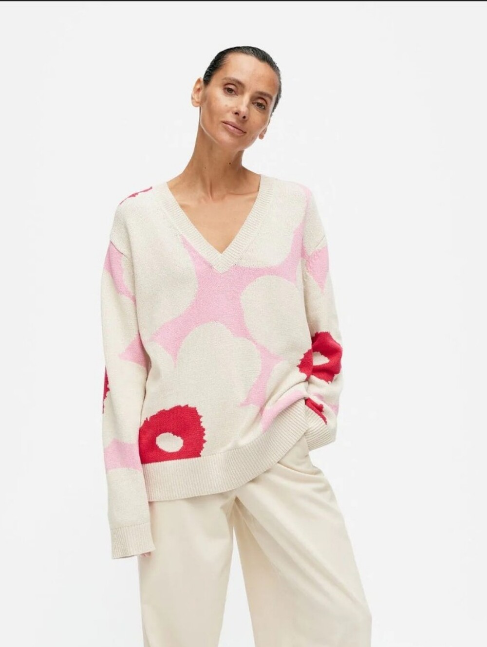 Marimekko Päivä Unikko Pullover Sweater, 100 % Cotton, Relaxed Fit Sz L/XL EUC